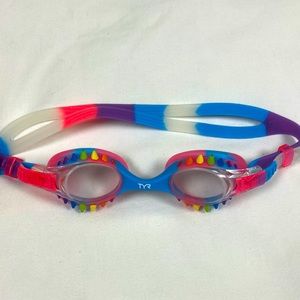 TYR rainbow spike pink, blue, purple, and white adjustable swim goggles